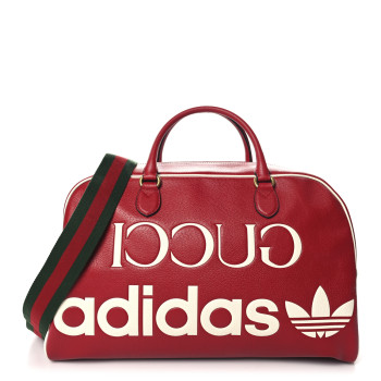 GUCCI X ADIDAS Textured Dollar Calfskin Web Trefoil Large Bowling Bag Hibiscus Red Off White