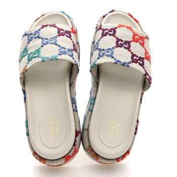 GUCCI Linen Psychedelic Mini GG Monogram Angelina Platform 55mm Slide Sandals 38 Multicolor