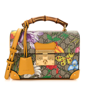 GUCCI GG Supreme Monogram Flora Small Padlock Bamboo Shoulder Bag Beige Multicolor Crop