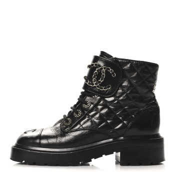 CHANEL Shiny Calfskin Quilted Lace Up Combat Boots 35 Black