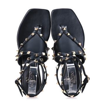 VALENTINO GARAVANI Calfskin Rockstud Ankle Wrap Flat Thong Sandals 37 Black