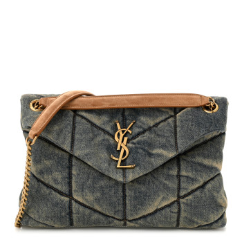SAINT LAURENT Denim Quilted Small Loulou Puffer Monogram Chain Satchel Rodeo Blue Cinnamon