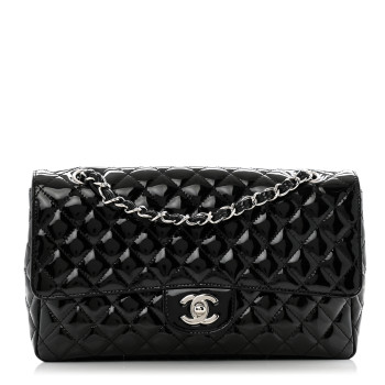 CHANEL Patent Quilted Secret Label Medium Flap Black