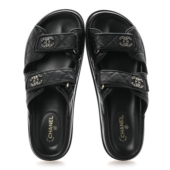 CHANEL Grained Calfskin Quilted Velcro Dad Chain CC Slide Sandals 40 Black