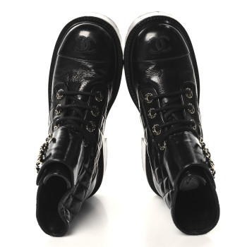CHANEL Shiny Calfskin Quilted Lace Up Combat Boots 35 Black