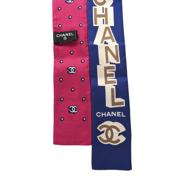 CHANEL Silk Twill Slim Bandeau Scarf Blue Ecru Beige