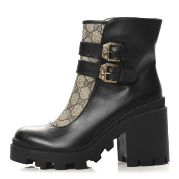 GUCCI Kensington Calfskin Nappa GG Supreme Monogram Womens Double Buckle Ankle Boots 40 Black