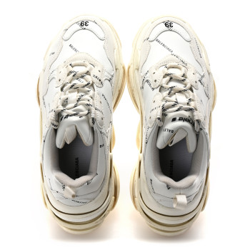 BALENCIAGA Technical Fabric Allover Logo Womens Triple S Sneakers 39 White Black