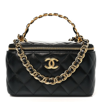 CHANEL Lambskin Quilted Golden Links Top Handle Vanity Case With Chain Black