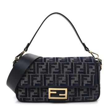 FENDI Chenille FF Embroidered Baguette Dark Blue Grey