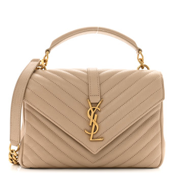 SAINT LAURENT Sheepskin Matelasse Chevron Monogram Medium College Bag Dark Beige