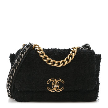 CHANEL Tweed Quilted Medium Chanel 19 Flap Black