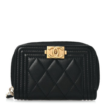 CHANEL Lambskin Quilted Zip Around Boy Coin Purse Wallet Black