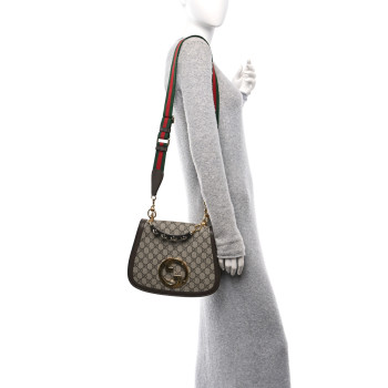 GUCCI GG Supreme Monogram Textured Dollar Calfskin Web Medium Blondie Top Handle Shoulder Flap Bag Beige Ebony New Acero