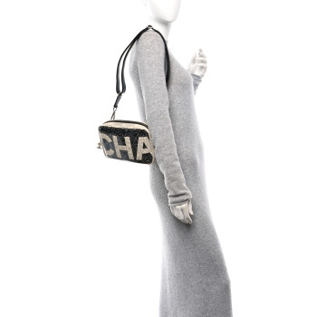 CHANEL Coated Canvas Calfskin Camellia Printed Camera Case Black Beige