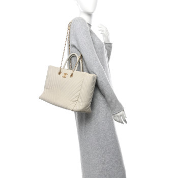 CHANEL Caviar Chevron Quilted Coco Handle Shopping Tote Ivory