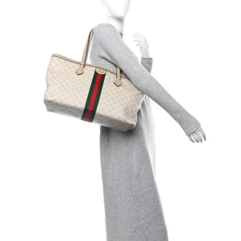 GUCCI GG Supreme Monogram Textured Dollar Calfskin Web Medium Ophidia Shopping Tote Beige Mystic White Oatmeal