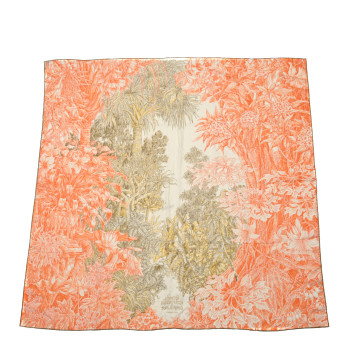 HERMES Cashmere Silk All 'Orto Botanico Di Palermo Shawl 140 Orange White Vert Chartreuse