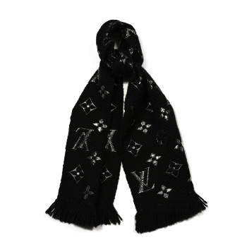 LOUIS VUITTON Wool Silk Logomania Shine Scarf Black