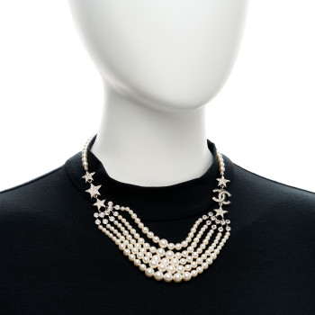 CHANEL Pearl Crystal Star CC Multi Strand Necklace Pearly White Silver