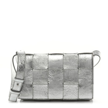 BOTTEGA VENETA Metallic Lambskin Maxi Intrecciato Cassette Crossbody Bag Silver