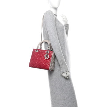 CHRISTIAN DIOR Lambskin Cannage Medium Bi-Color Lady Dior Coral Beige