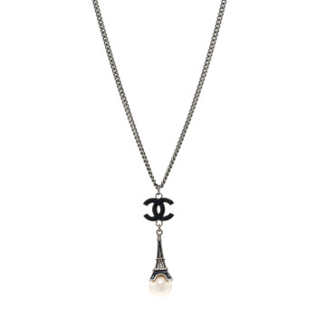 CHANEL Ruthenium Enamel Pearl Eiffel Tower CC Drop Necklace Black White