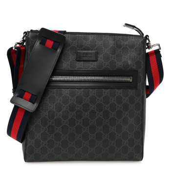 GUCCI GG Supreme Monogram Appia Calfskin Web Flat Messenger Bag Black Grey