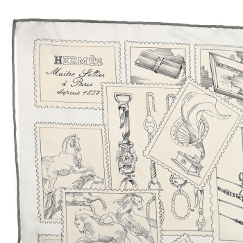 HERMES Silk Le Philateliste Du Faubourg Scarf 90 Gris Parchemin White