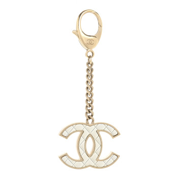 CHANEL Metal Quilted CC Bag Charm Gold Pearly White