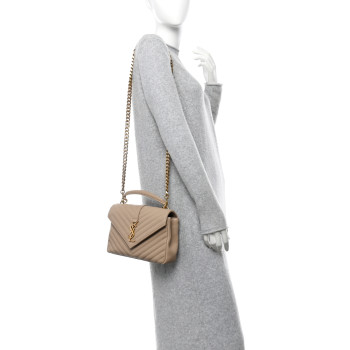 SAINT LAURENT Sheepskin Matelasse Chevron Monogram Medium College Bag Dark Beige