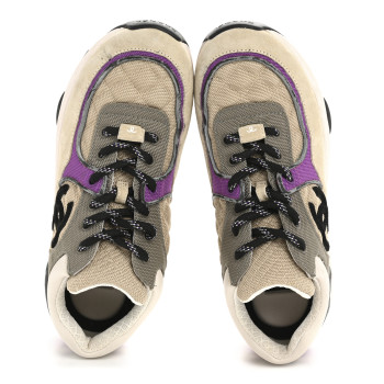 CHANEL Fabric Suede Calfskin Womens CC Sneakers 38.5 Beige Dark Beige Purple