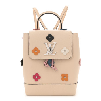 LOUIS VUITTON Calfskin Flowers Lockme Mini Backpack Creme