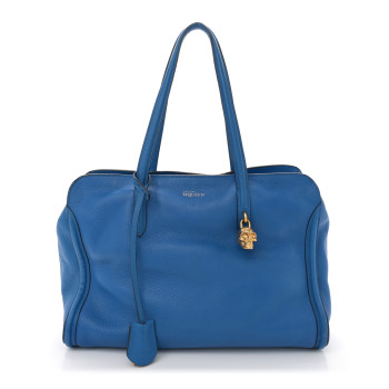 ALEXANDER MCQUEEN Pebbled Calfskin Large Skull Padlock Zip Around Tote Cobalt