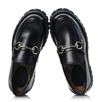 GUCCI Betis Glamour Calfskin Womens Horsebit Loafers 37.5 Black