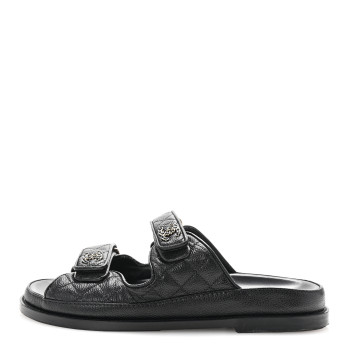 CHANEL Grained Calfskin Quilted Velcro Dad Chain CC Slide Sandals 40 Black