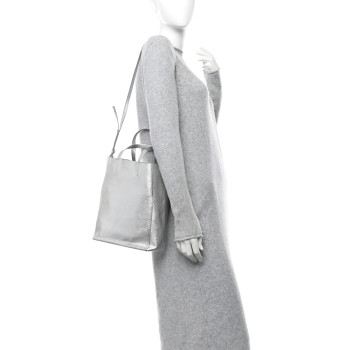 CELINE Metallic Grained Calfskin Small Vertical Cabas Silver