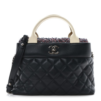 CHANEL Calfskin Tweed Quilted Small Tote Navy Multicolor