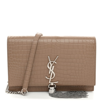 SAINT LAURENT Calfskin Crocodile Embossed Small Classic Monogram Kate Tassel Satchel Dark Beige