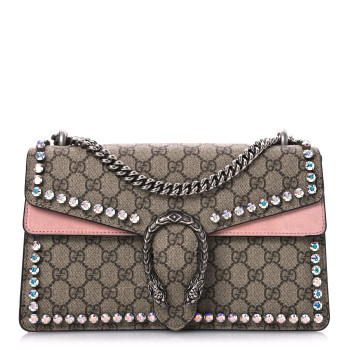GUCCI GG Supreme Monogram Suede Crystal Small Dionysus Shoulder Bag Beige Ebony Light Peonia