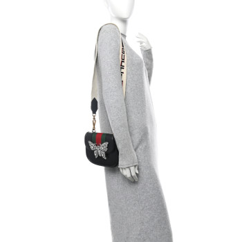 GUCCI Calfskin Web Crystal Butterfly Stripe Small Totem Shoulder Bag Black