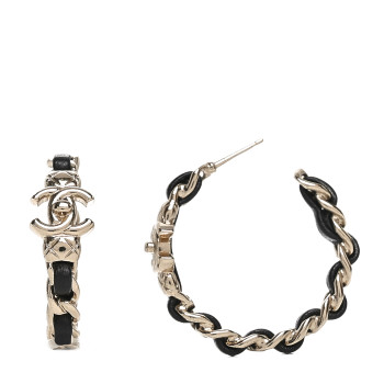 CHANEL Metal Lambskin Quilted CC Turnlock Chain Hoop Earrings Gold Black