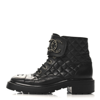 CHANEL Shiny Calfskin Quilted Lace Up Combat Boots 38.5 Black