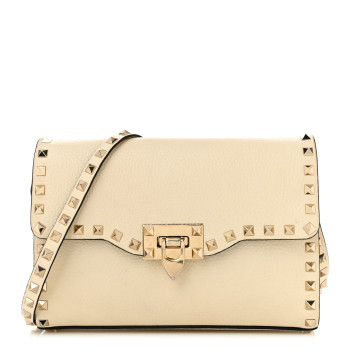 VALENTINO GARAVANI Pebbled Calfskin Medium Rockstud Flip Lock Crossbody Bag Light Ivory
