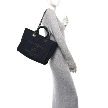 CHANEL Mixed Fibers Small Deauville Tote Navy Blue