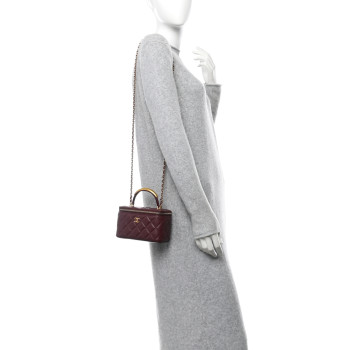CHANEL Lambskin Quilted Metal Small Top Handle Vanity Case With Chain Burgundy