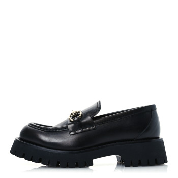 GUCCI Betis Glamour Calfskin Womens Horsebit Loafers 37.5 Black