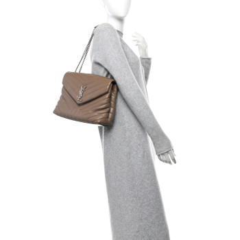 SAINT LAURENT Calfskin Y Quilted Monogram Medium Loulou Chain Satchel Natural Tan