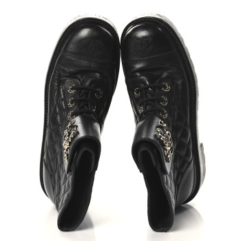 CHANEL Shiny Calfskin Quilted Lace Up Combat Boots 38.5 Black