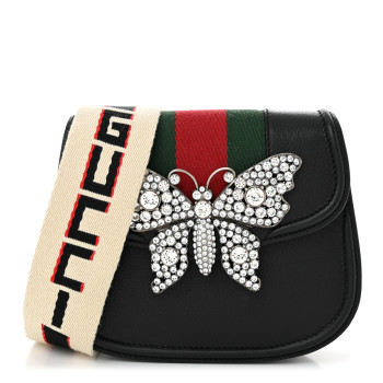 GUCCI Calfskin Web Crystal Butterfly Stripe Small Totem Shoulder Bag Black